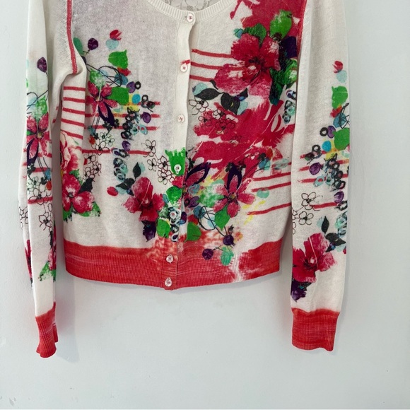 Floral Lace-Back Button Front Cardigan Sweater - White & Red Linen Blend - Picture 3 of 15